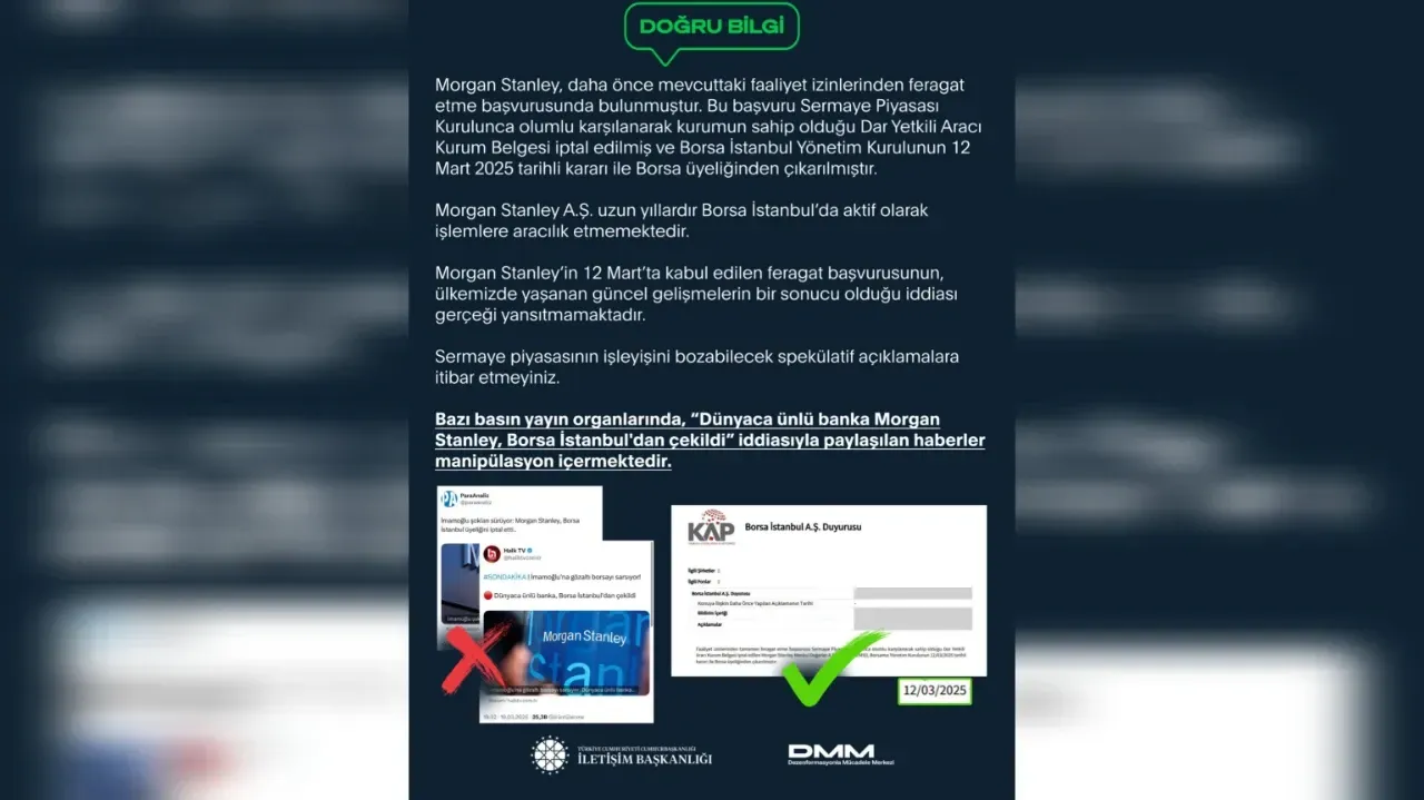 Morgan Stanley’in Borsa İstanbul’dan Çekilmesiyle İlgili İddialar Gerçeği Yansıtmıyor