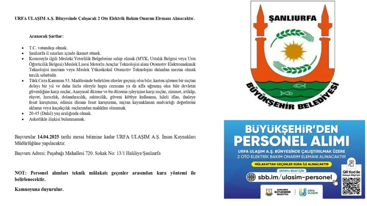 Şanlıurfa Büyükşehir 'den Personel Alımı Duyurusu