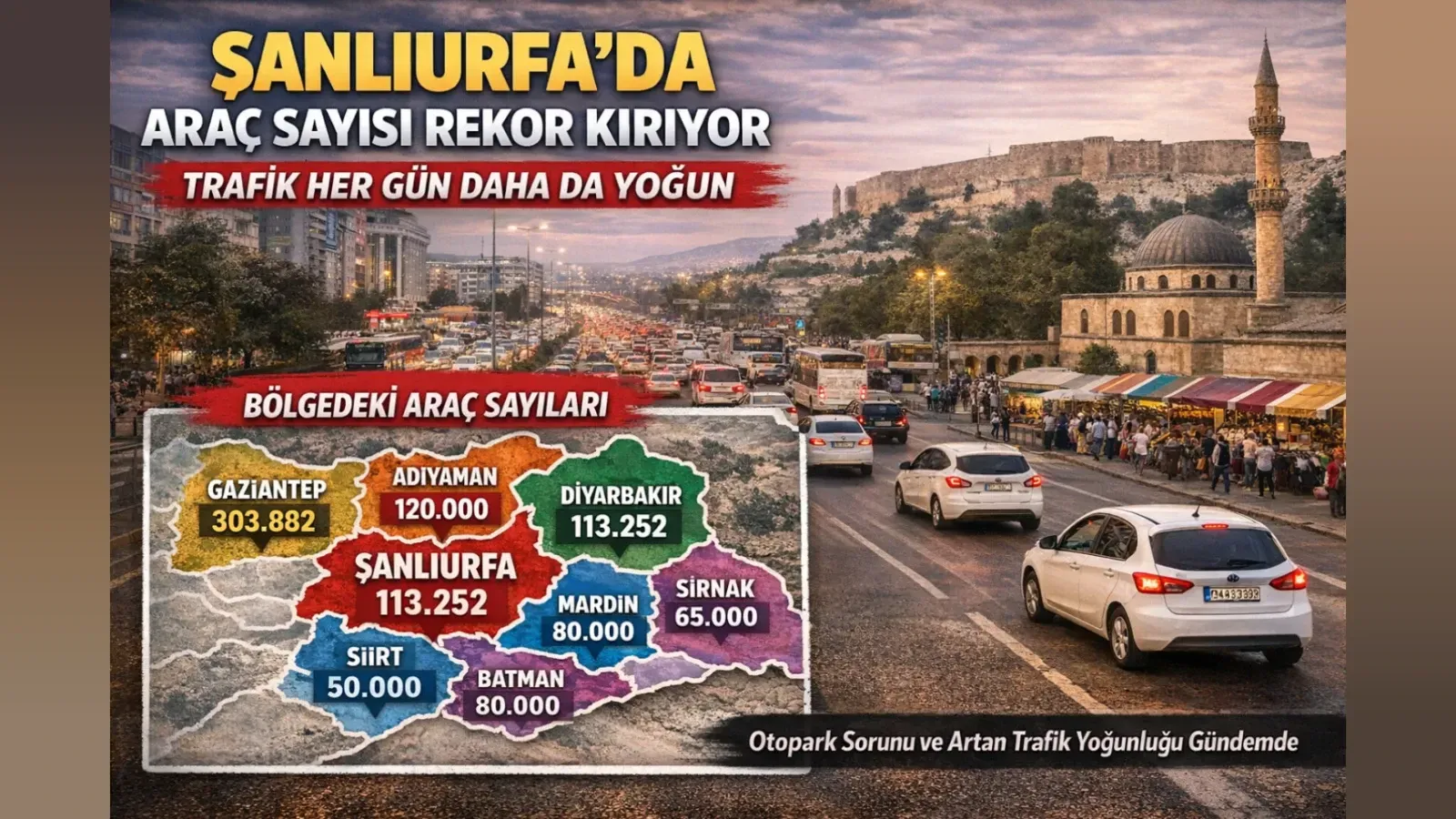 Şanlıurfa’da otomobil sayısı 113 bini aştı, kent trafiği her geçen gün daha da yoğunlaşıyor