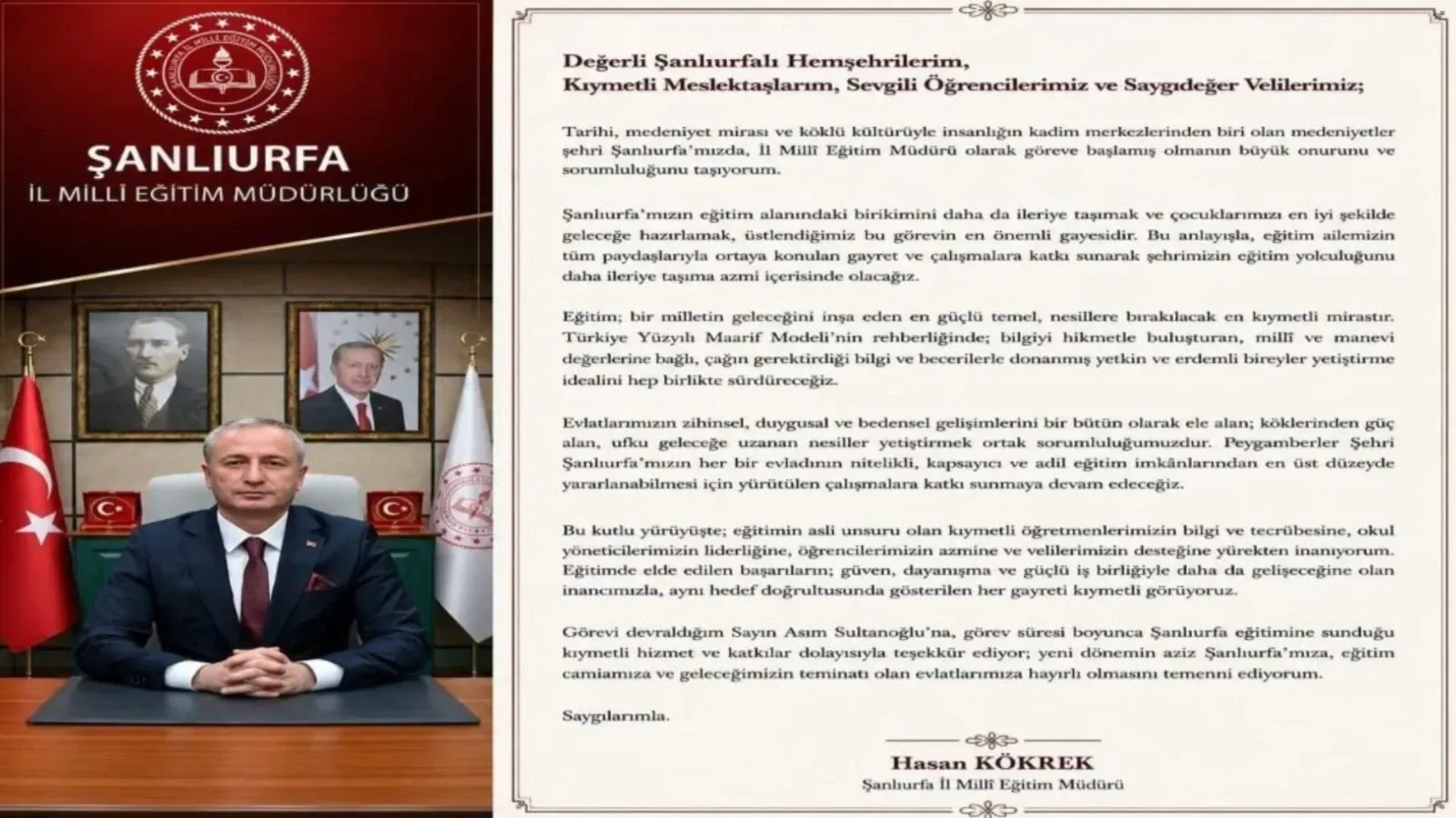 Şanlıurfa Eğitiminde Yeni Dönem! Hasan Kökrek İlk Mesajında Hedeflerini Açıkladı