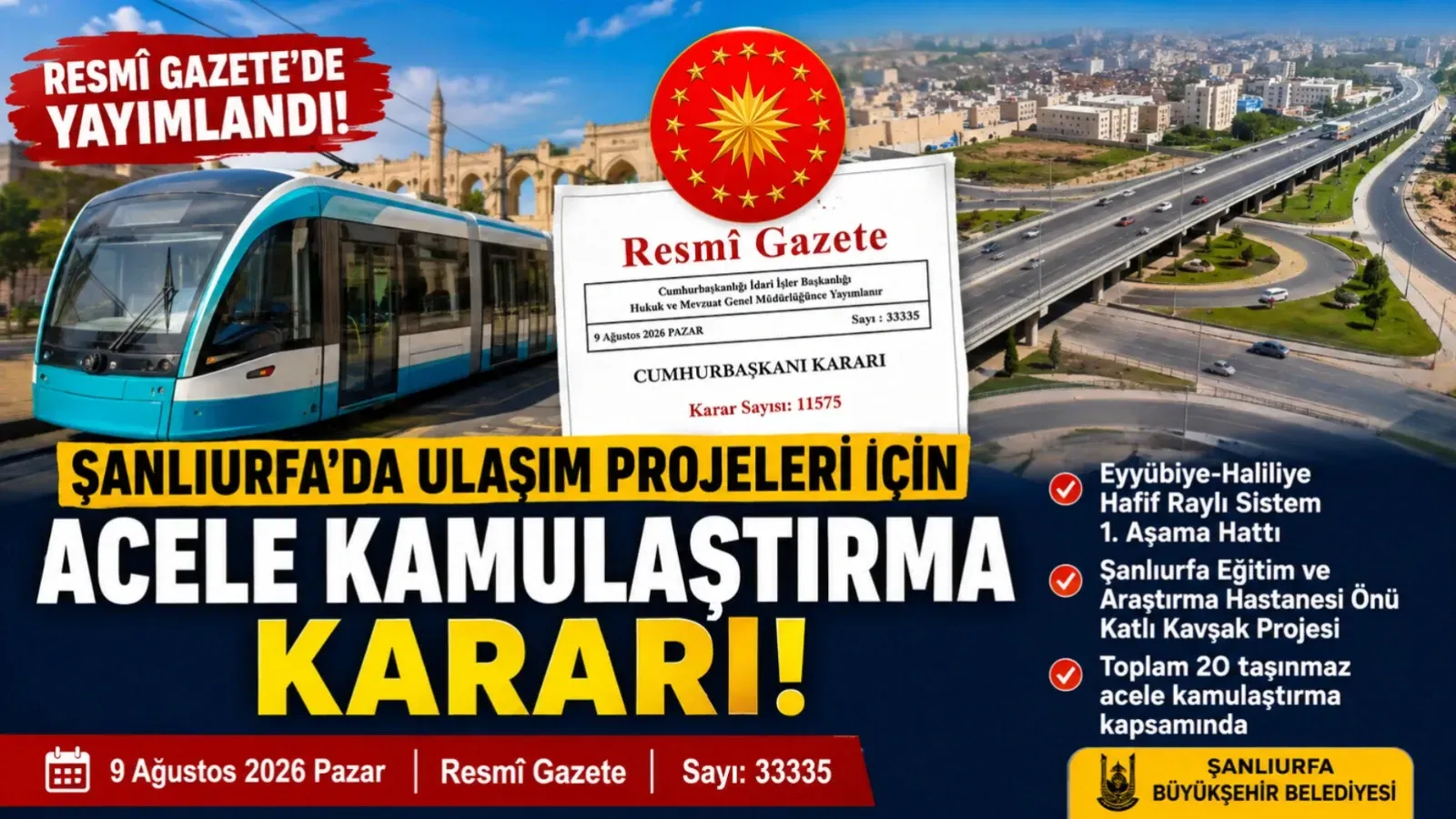 Şanlıurfa’da hafif raylı sistem ve kavşak projesi için acele kamulaştırma kararı