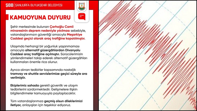 Şanlıurfa’da Deprem Sonrası Çarhoğlu Camii Minaresi Yıkıldı: Meşarkiye Caddesi Trafiğe Kapatıldı