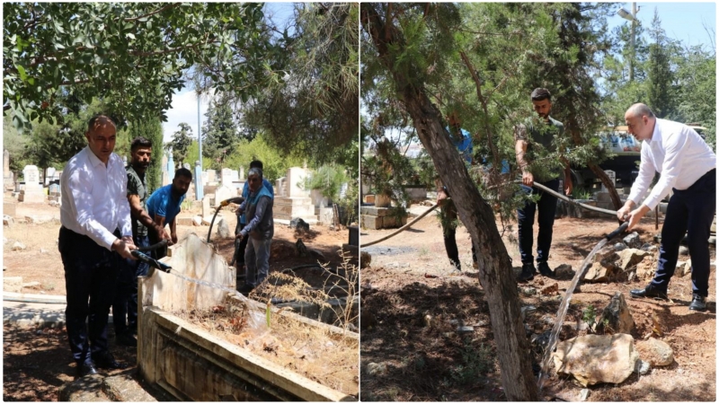 Bozova Belediyesi Asri Mezarlıkta Bakım ve Sulama yaptı