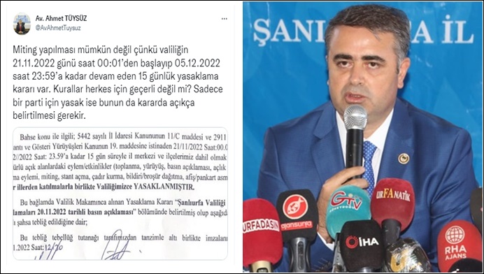 DEVA Partili Tüysüz: Erdoğan Şanlıurfa’da miting yapamaz valiliğin yasak kararı var