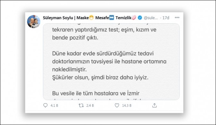 İçişleri Bakanı Soylu'nun Kovid-19 testi pozitif çıktı