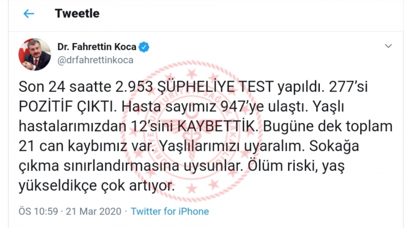 Sağlık Bakanı Koca: Toplam 21 can kaybımız var
