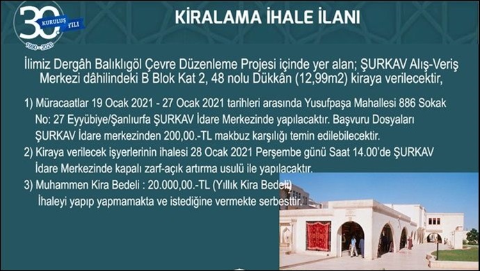 ŞURKAV, Dergah Çarşısındaki İşyerini İhale İle Kiraya Verecek