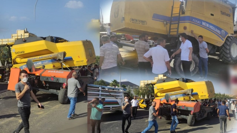 Urfa'da Lastiği patlayan Biçer döver yolu trafiğe kapattı-(VİDEO)